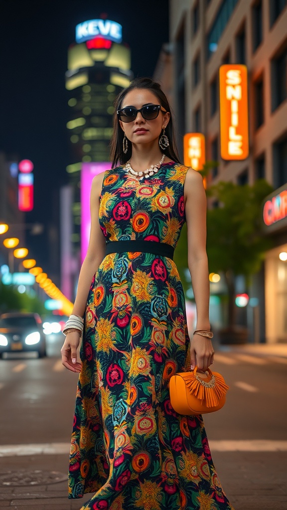 A woman wearing a colorful floral dress with an orange handbag and sunglasses, standing in a city at night.