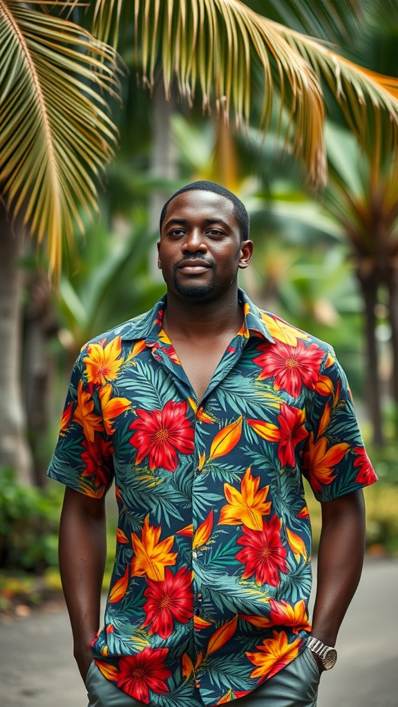 A man wearing a vibrant floral shirt standing in a tropical setting.