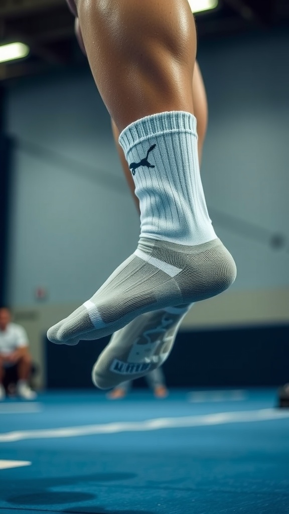 A gymnast in mid-air showcasing breathable socks designed for gymnastics.