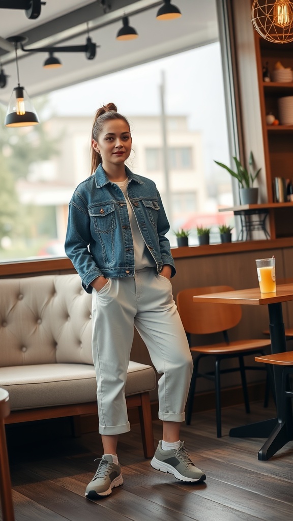 A young woman wearing a denim jacket, white tee, light pants, and sneakers, posed in a cozy café setting.