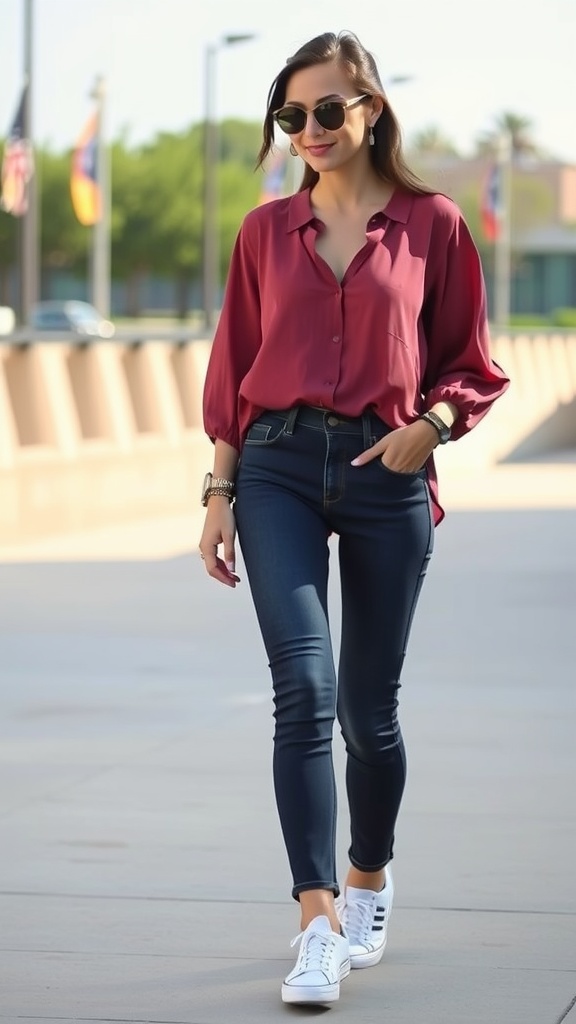 A woman in a maroon blouse and dark skinny jeans, wearing white sneakers, walking in a sunny outdoor setting.