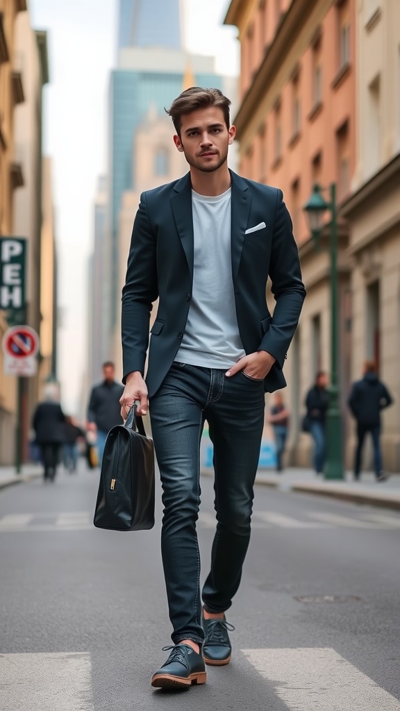 A man walking in the city wearing a blazer with dark jeans and a casual tee.