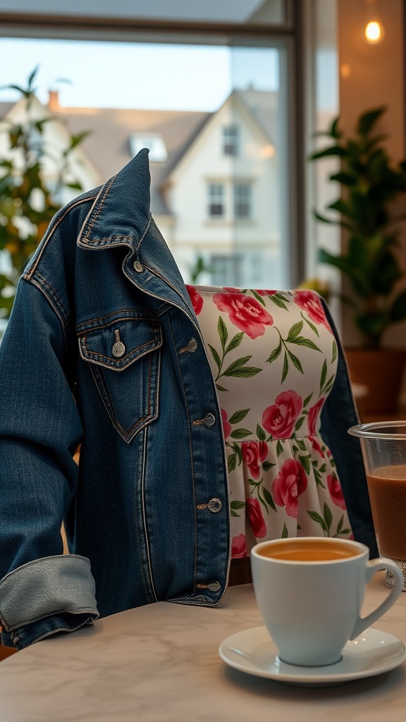 A denim jacket layered over a floral top, with a cup of coffee on the table.