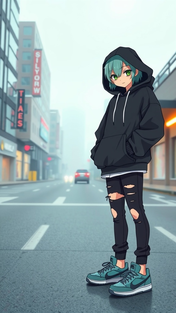 Anime character wearing an oversized hoodie, distressed jeans, and sneakers in a street setting.