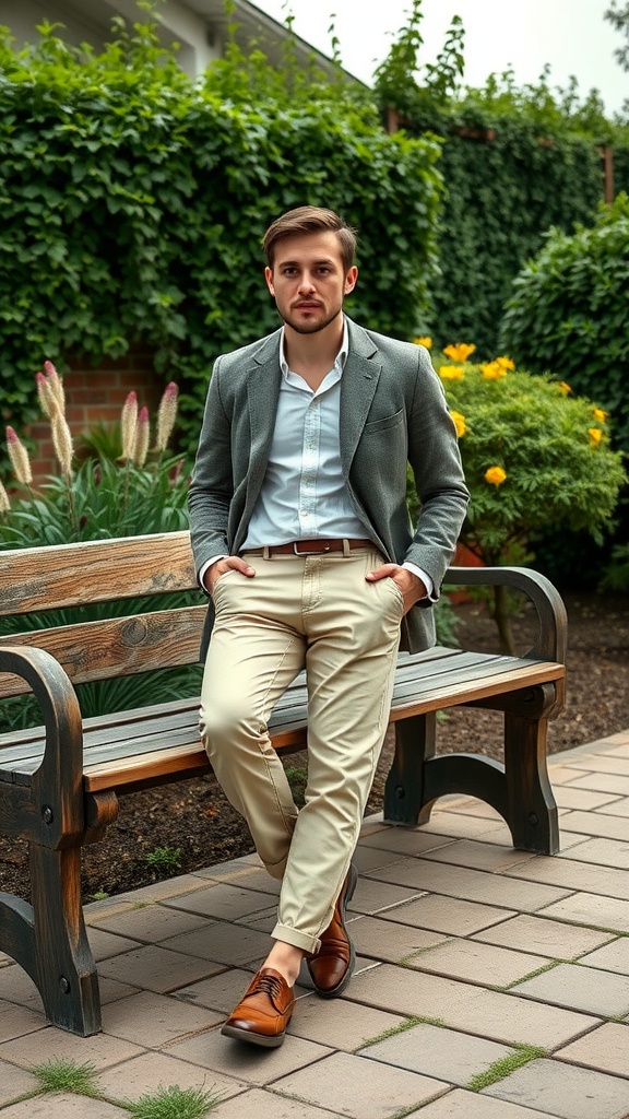 A man in a grey blazer and beige trousers sitting on a bench in a garden setting, showcasing casual yet classy wedding attire.