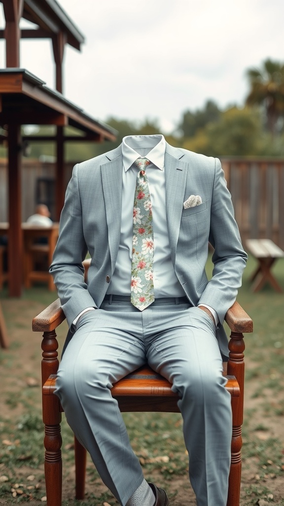 A light grey suit worn by a man sitting on a wooden chair, featuring a floral tie and a pocket square.