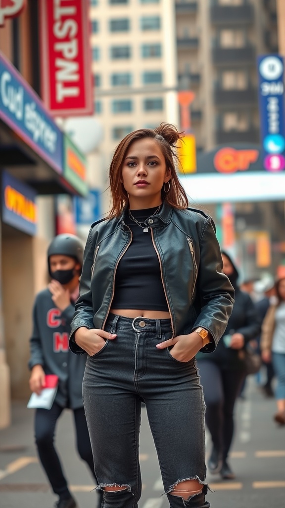 A woman in a leather jacket and distressed jeans stands confidently in a busy city street, embodying a chic and edgy 1980s style.