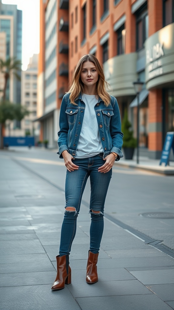 A woman in a denim jacket and skinny jeans standing in a city street, showcasing a chic casual look.