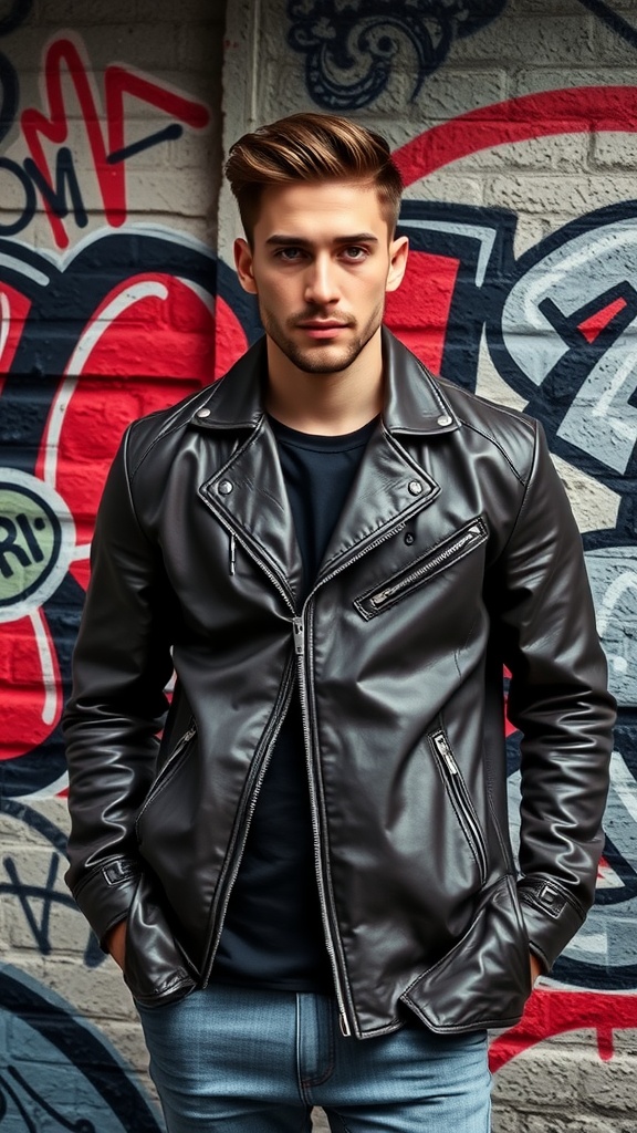 A man wearing a chic black leather jacket in front of a colorful graffiti wall.