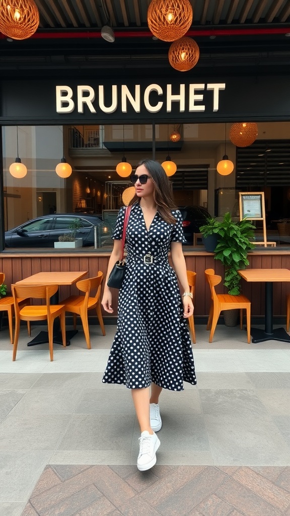 A woman in a polka dot midi dress and white sneakers standing outside a restaurant called Brunchet.