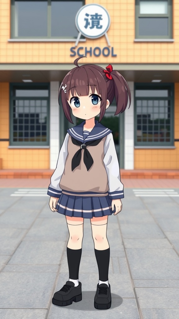 Anime character wearing a school uniform with a sweater, pleated skirt, and accessories