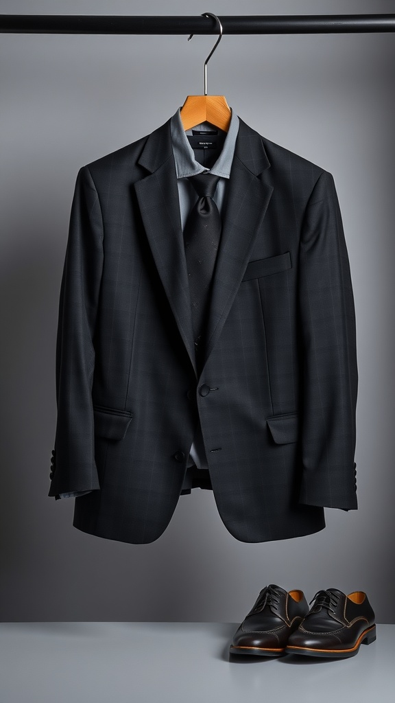 A neatly hung classic black suit with a shirt and tie, accompanied by polished black shoes on a table.