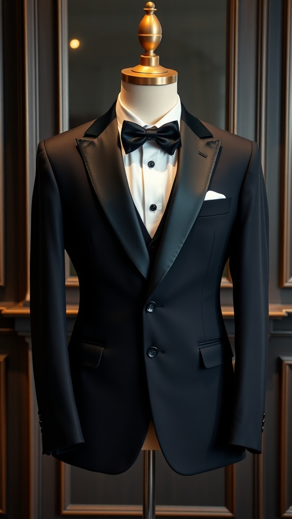 A classic black tuxedo on a mannequin with satin lapels, a bow tie, and a white shirt.