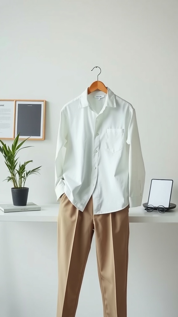 A classic white shirt hanging on a hook next to beige trousers, set against a minimalistic background.