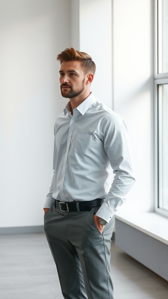 A man in a modern fit white shirt standing by a window