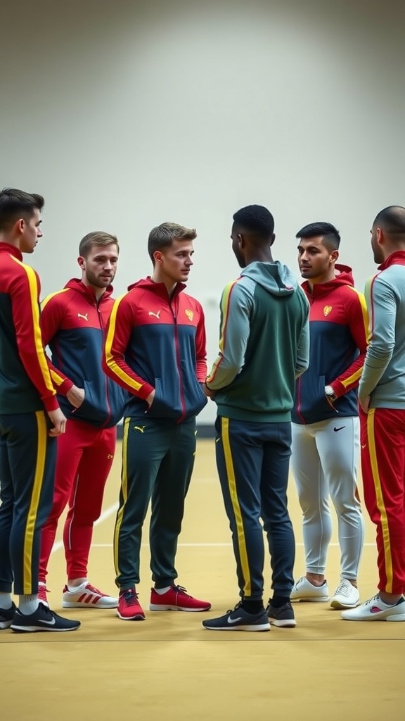 Group of male gymnasts wearing colorful warm-up tracksuits