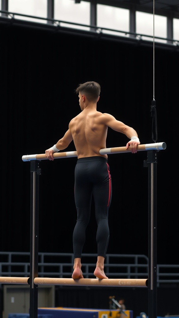 A male gymnast performing on the parallel bars, wearing compression tights.