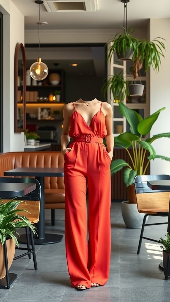 A woman wearing a red jumpsuit in a stylish café setting.