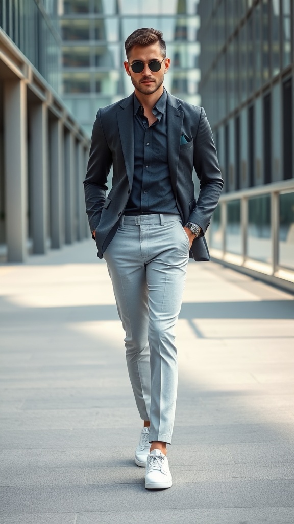 A man in a sleek monochrome outfit with a blazer and light-colored trousers.