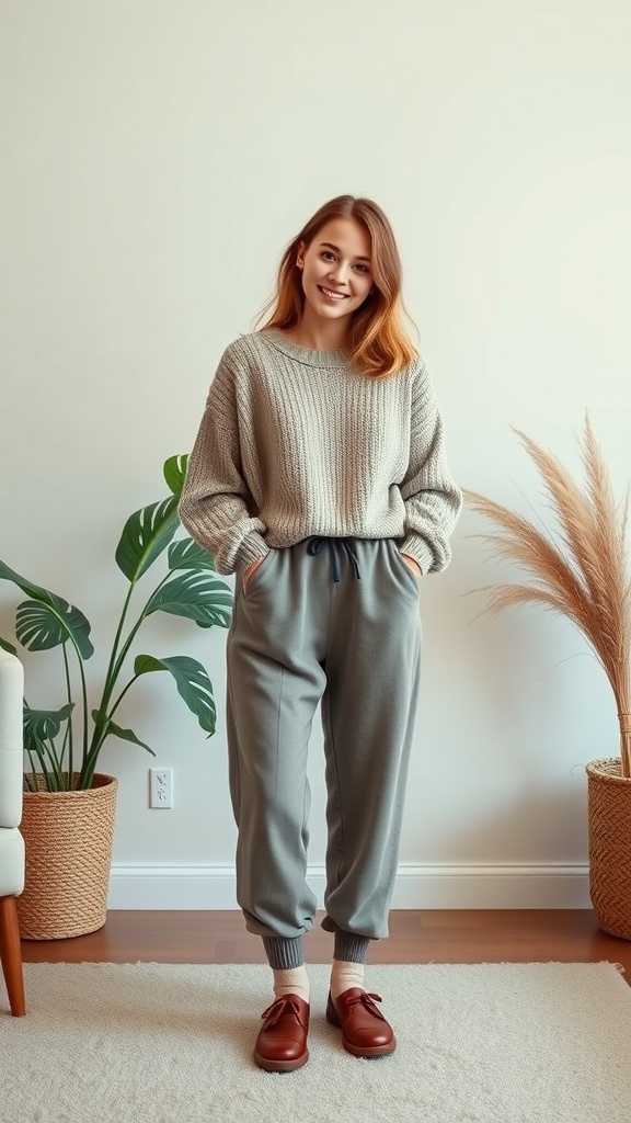 A model wearing cozy loungewear, including a chunky knit sweater and jogger pants, standing in a bright room with plants.