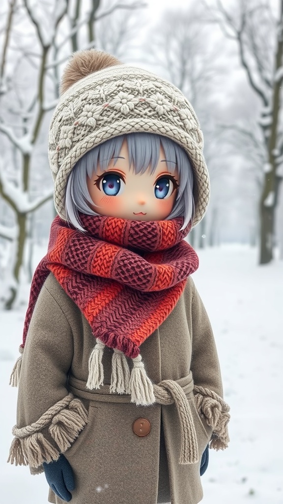 A character dressed warmly for winter with a knitted hat, scarf, and a coat in a snowy setting.