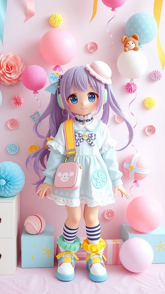 A cute Gacha Life character in a pastel blue dress with playful accessories, surrounded by colorful decorations.