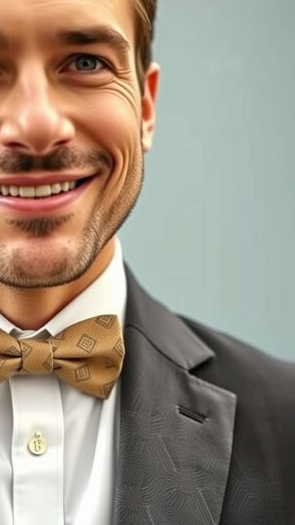 A man smiling in a suit with a patterned bow tie