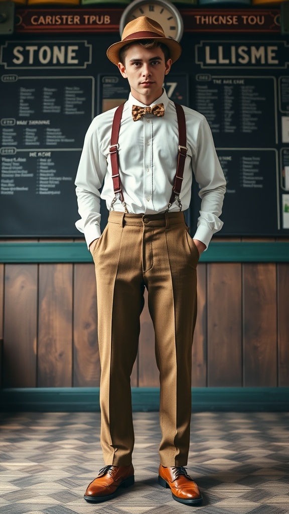 A young man in a vintage-style graduation outfit with suspenders, a bow tie, and a hat.