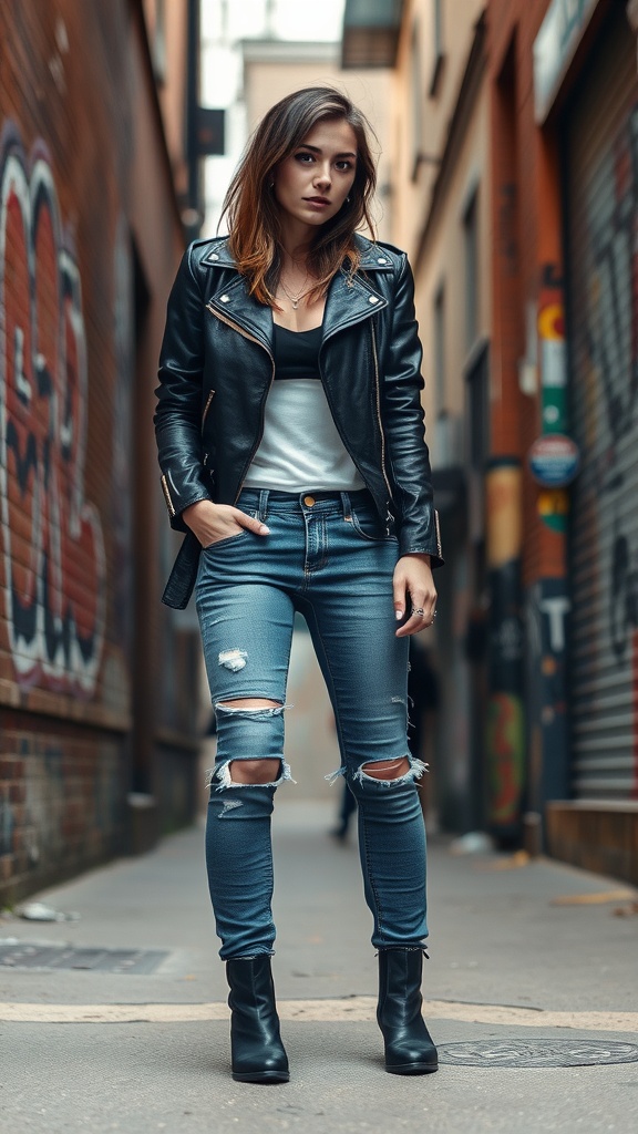 A woman wearing a leather jacket and ripped jeans standing in an urban setting.