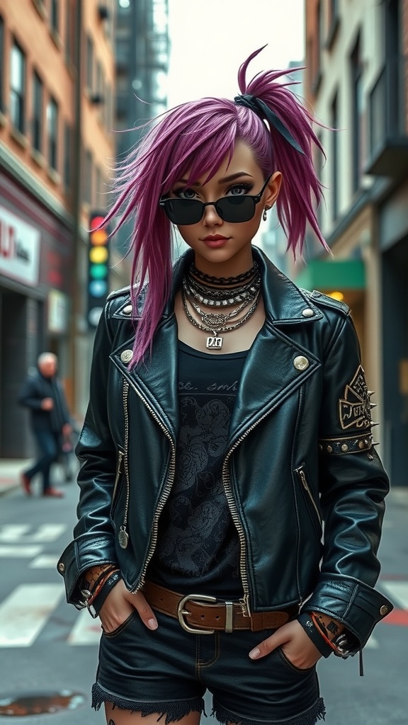 A character dressed in edgy punk style with a leather jacket, colorful hair, and accessories.