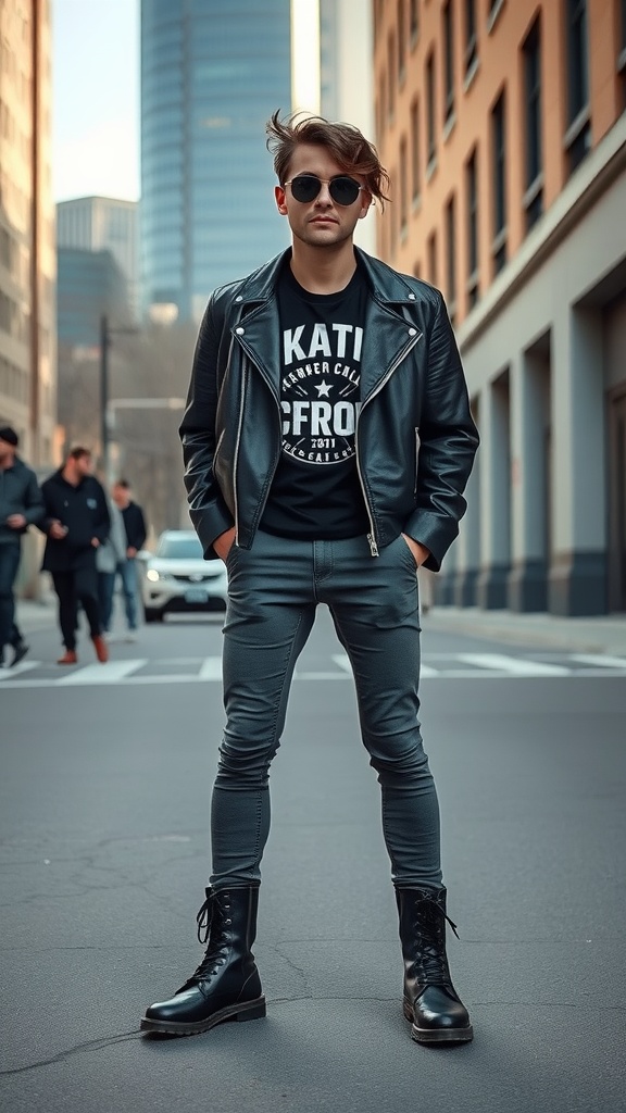 A person wearing a leather jacket, graphic tee, fitted jeans, and combat boots, posing in an urban environment.