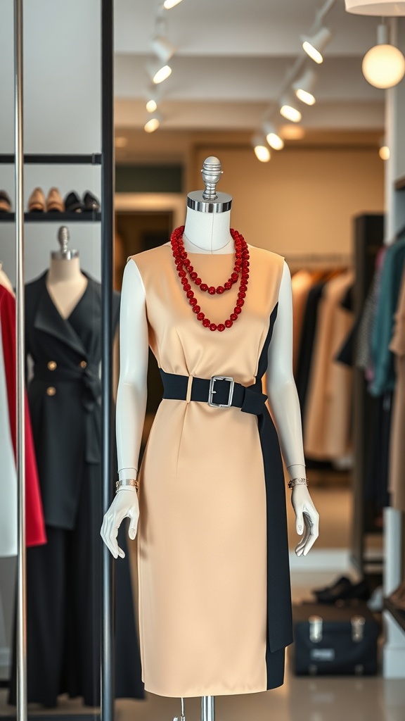 A mannequin displaying an elegant beige and black dress with red statement accessories in a clothing store.