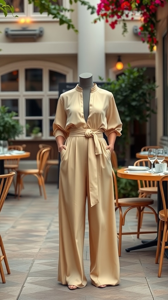 A mannequin displaying an elegant beige jumpsuit with a statement belt, set in a cozy brunch environment.