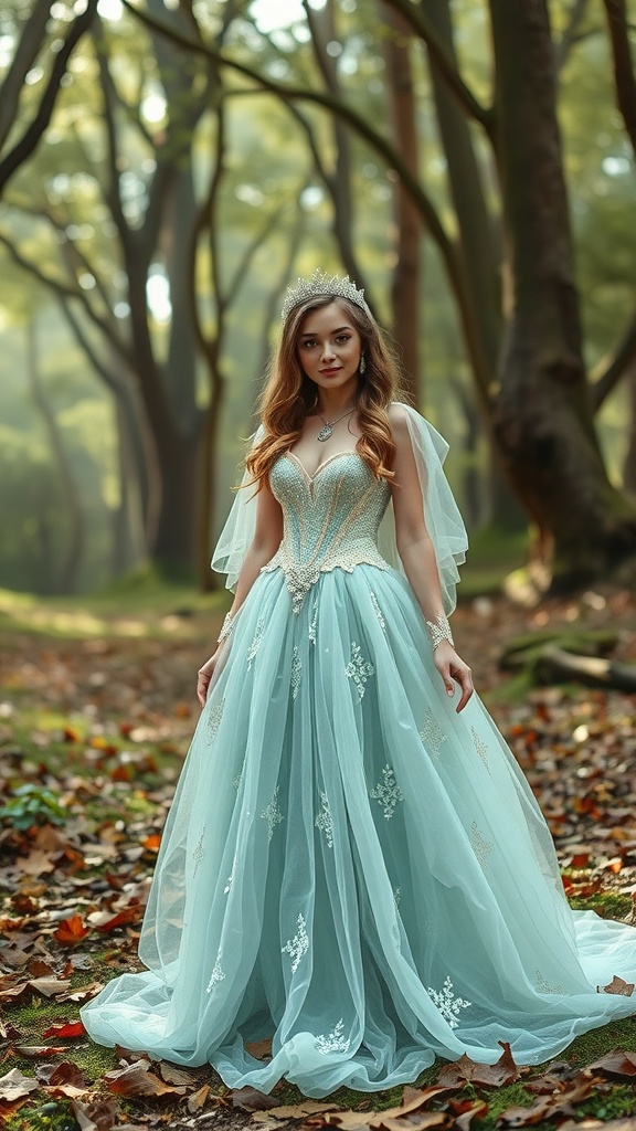 A young woman in a flowing blue gown with a tiara, standing in a forest.