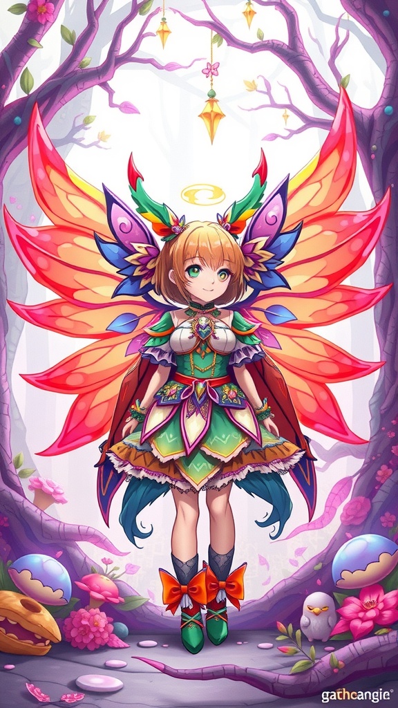 A character in a colorful fantasy-themed outfit with wings and a vibrant background.