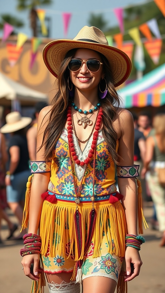 A young woman wearing a colorful bohemian festival outfit with fringe and accessories, smiling at a festival.