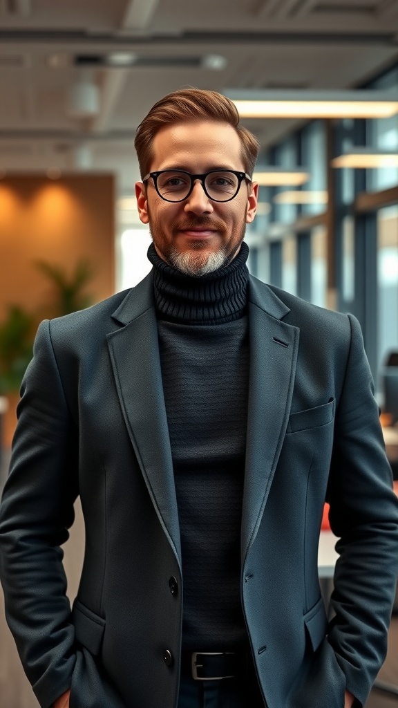 A stylish man in a fitted turtleneck and blazer, showcasing a sophisticated look.