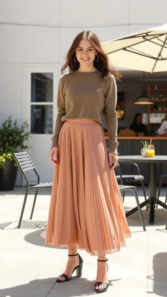 A woman wearing a flared skirt and cropped sweater, smiling in a brunch setting.