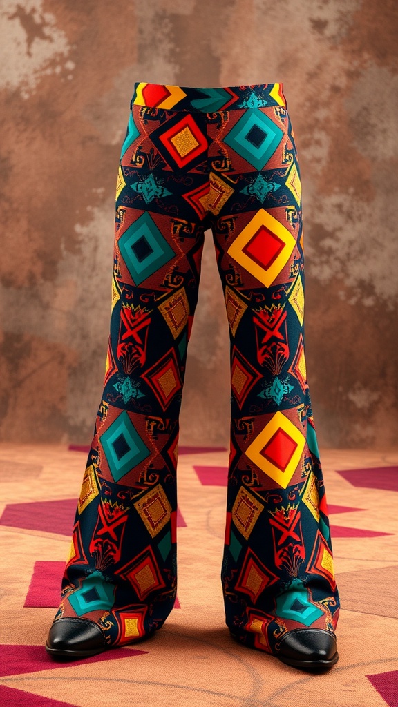 Flared trousers with bold geometric patterns in vibrant colors