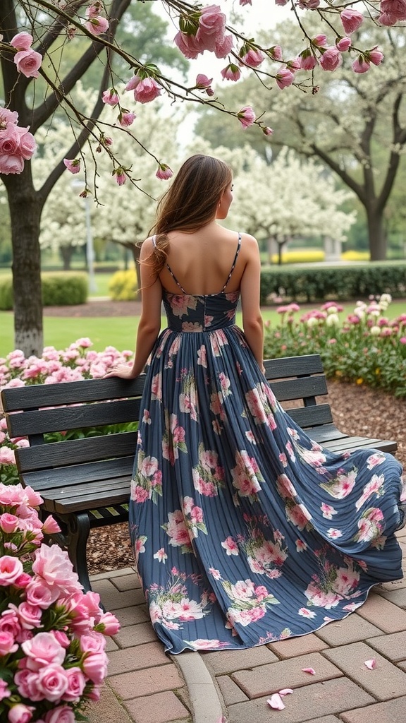 A woman in a floral midi dress sitting on a park bench surrounded by blooming flowers.