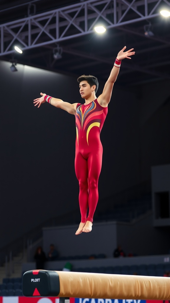 A male gymnast in a red form-fitting leotard performing on a pommel horse