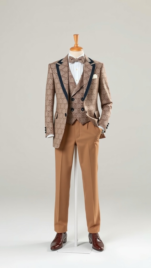 A stylish men's graduation outfit featuring a patterned blazer, white shirt, and brown trousers.