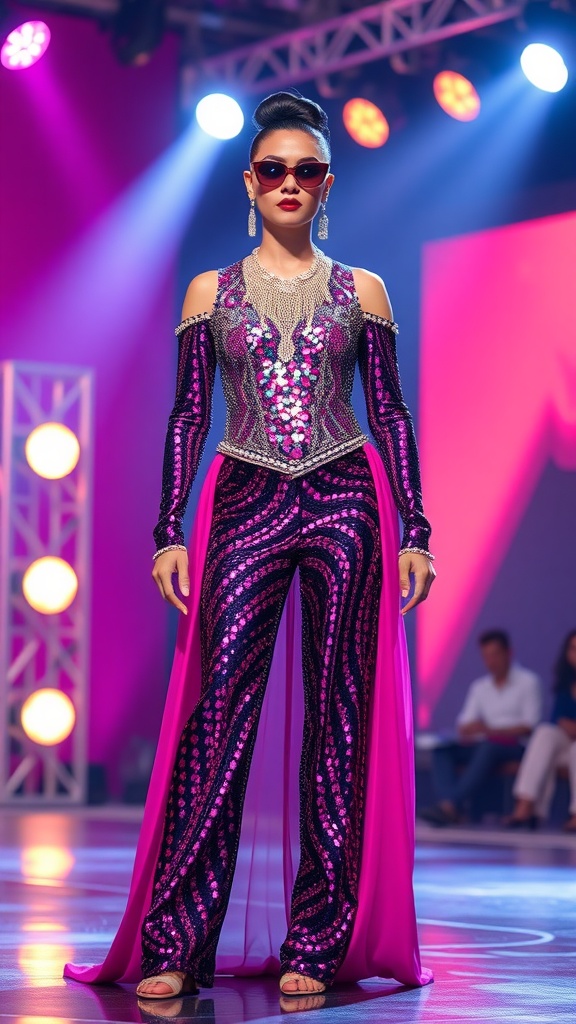 A model in a glamorous, embellished outfit, featuring a flowing cape, sunglasses, and striking patterns, on a brightly lit stage.