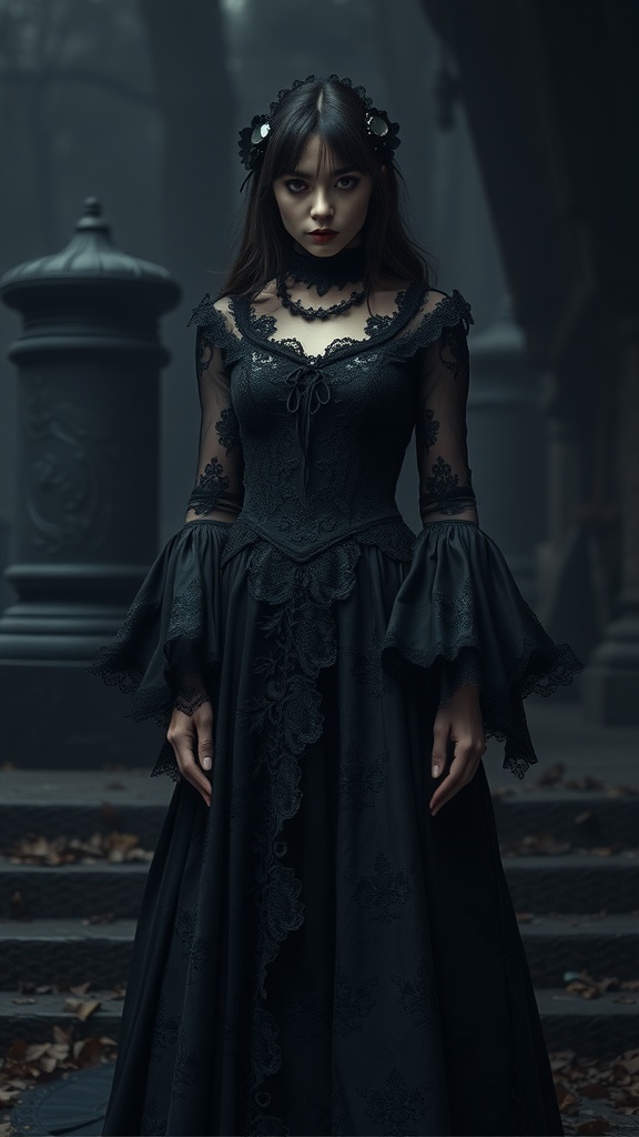 A woman in a Gothic inspired black dress with lace details, standing in a misty, dark setting.