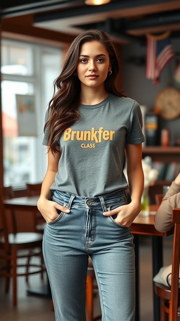 A woman wearing a graphic tee and high-waisted jeans, posing in a cozy café setting.