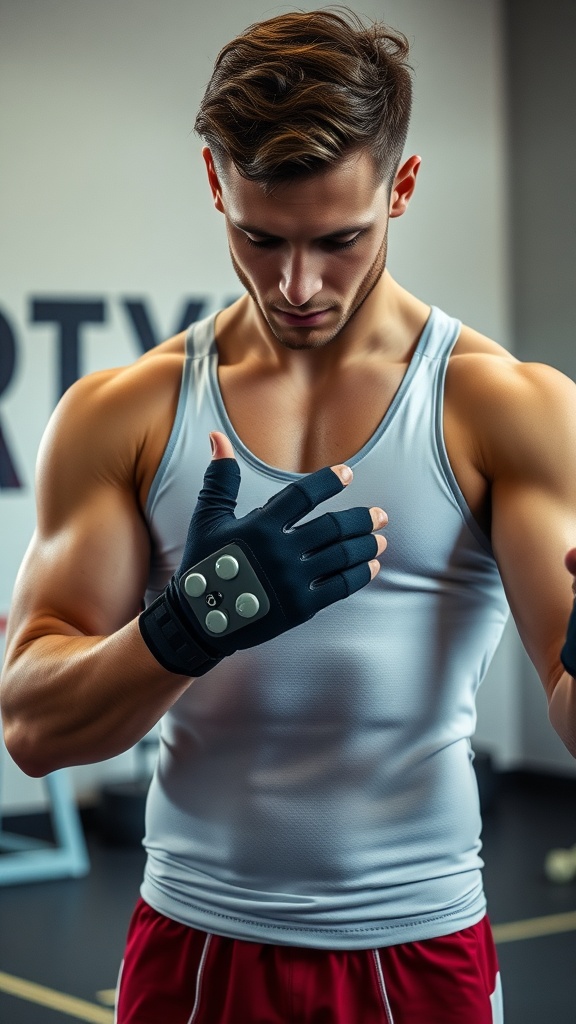 A male gymnast adjusting his grip gloves in a gym setting