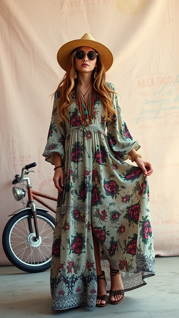 A woman dressed in a floral-patterned long dress, accessorized with a straw hat and sunglasses, standing next to a bicycle