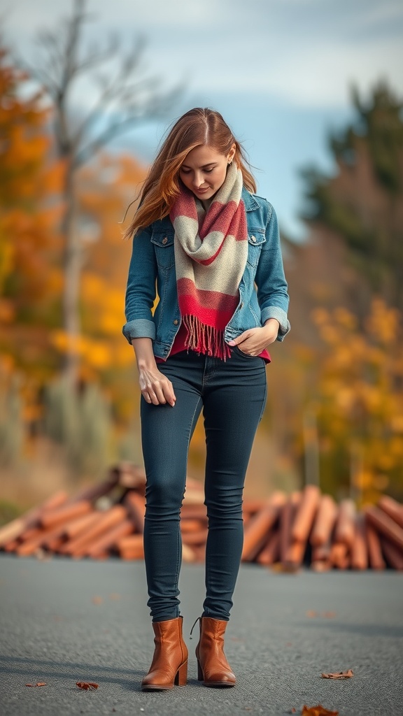 A woman in a denim jacket and scarf stands outdoors during fall, wearing skinny jeans and brown ankle boots, showcasing a layered outfit.