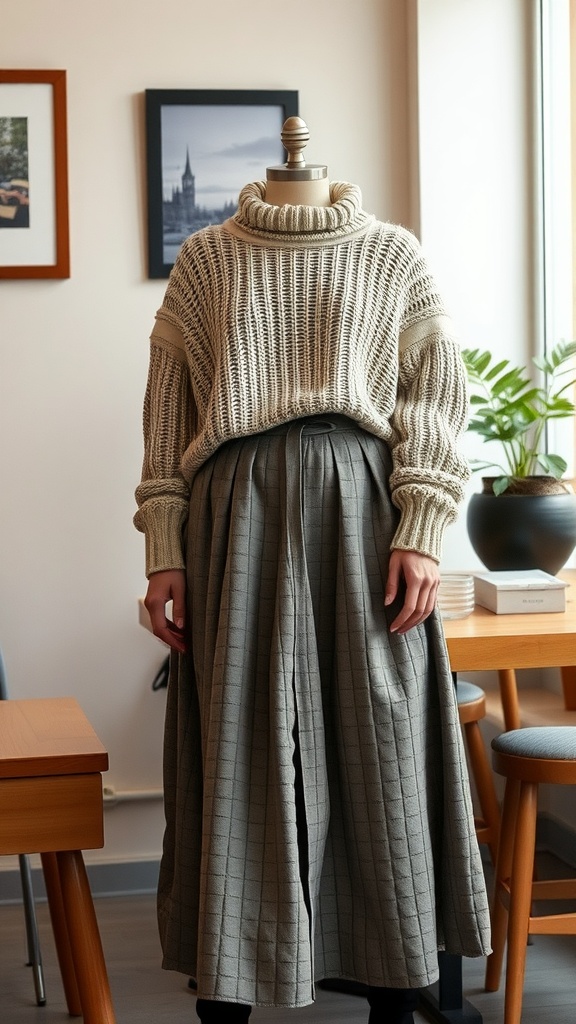 A mannequin wearing a chunky knit sweater and layered midi skirt.