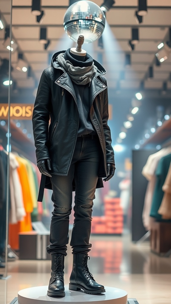 A stylish disco outfit for men featuring a leather jacket, hoodie, scarf, fitted pants, and boots, displayed with a disco ball in the background.